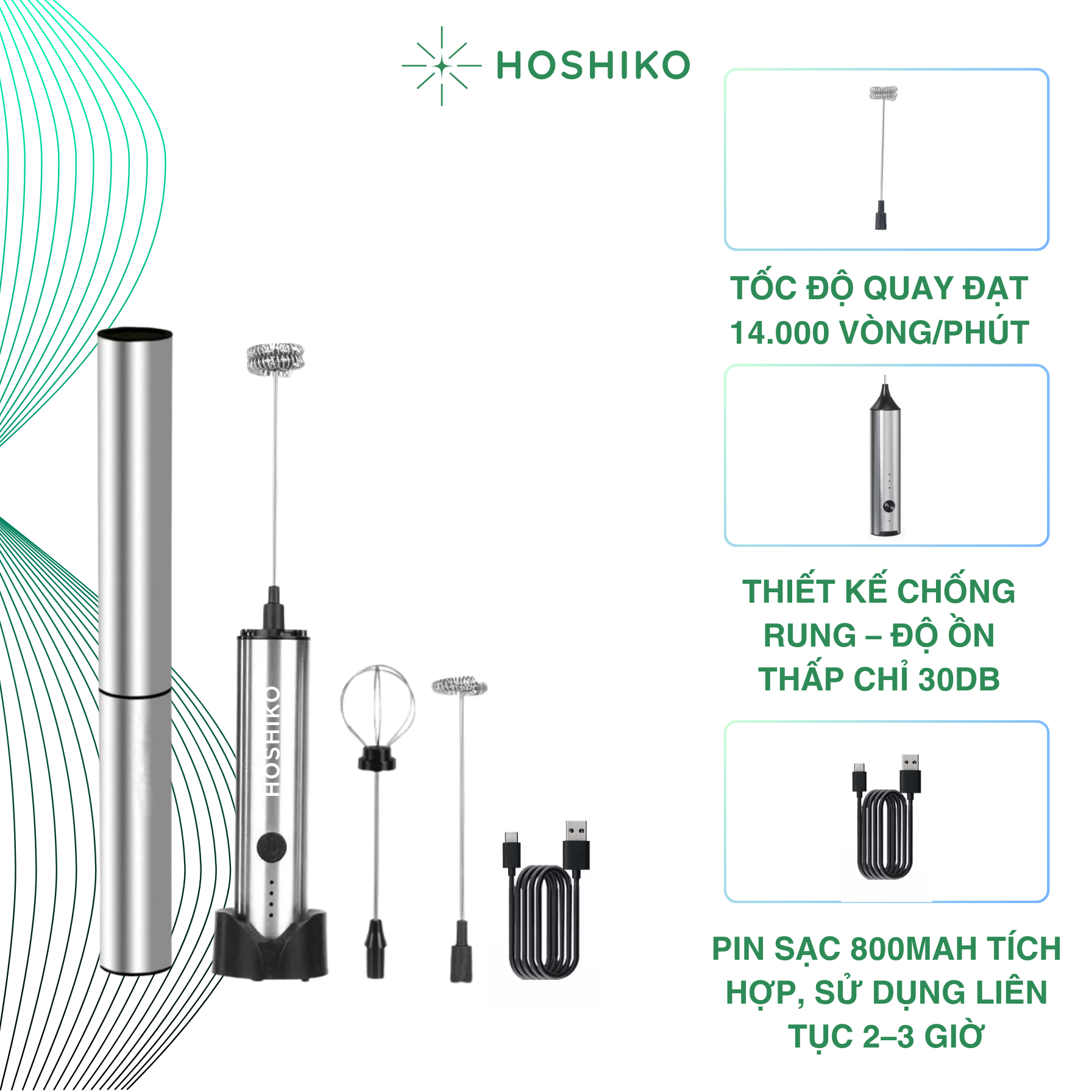 Máy tạo bọt H01 bằng thép không gỉ 3 đầu đánh có nắp đậy - Ảnh 2
