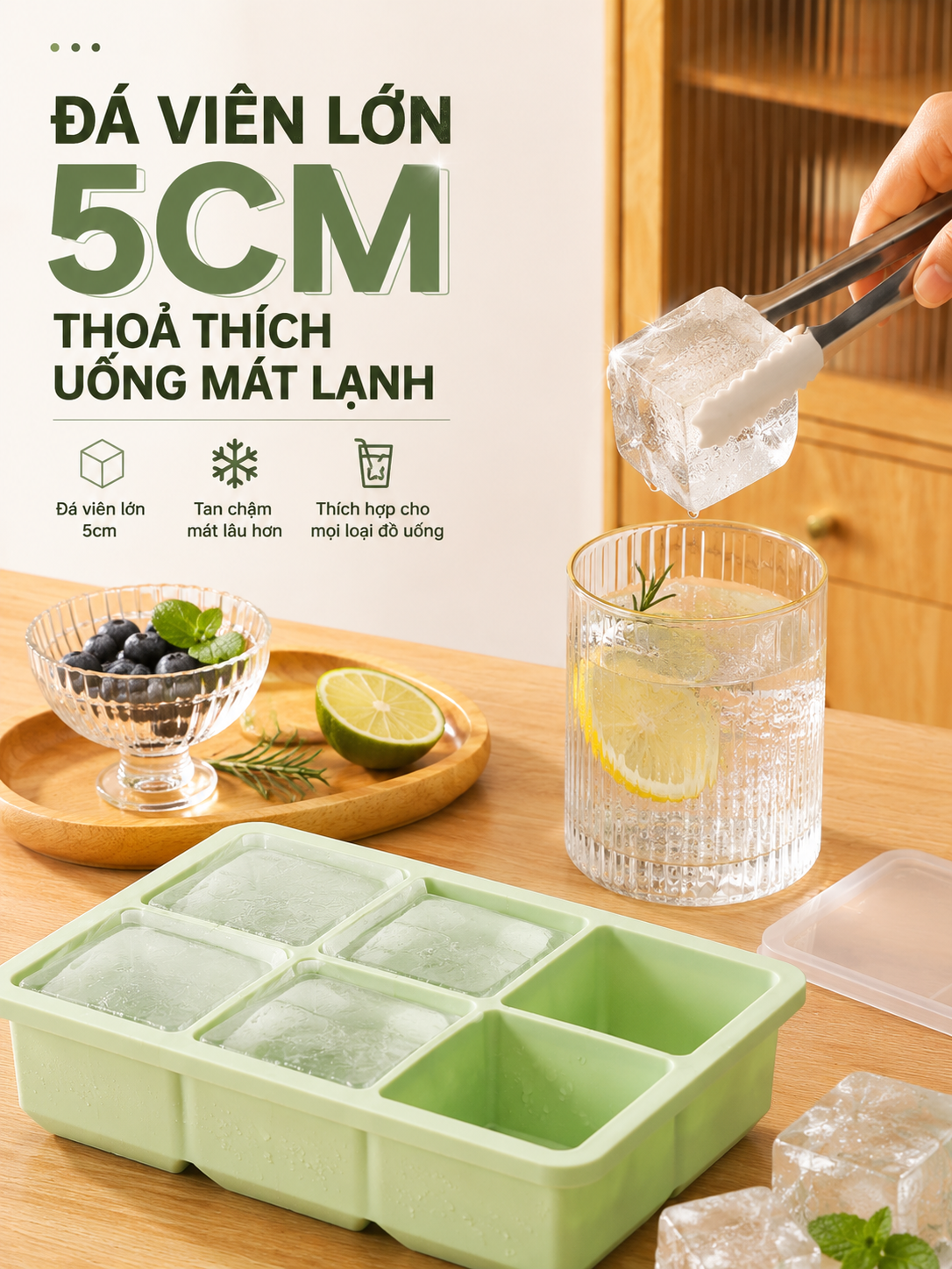 Khay Làm Đá Silicone Có Nắp Đậy - Khay Đá Viên Lớn 5cm Silicone Cao Cấp - Ảnh 4