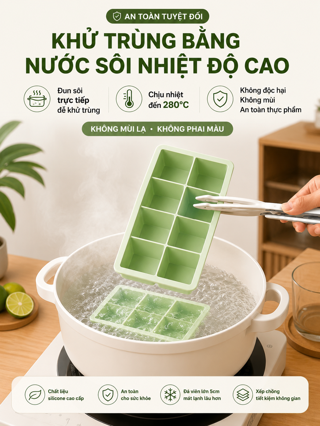 Khay Làm Đá Silicone Có Nắp Đậy - Khay Đá Viên Lớn 5cm Silicone Cao Cấp - Ảnh 3