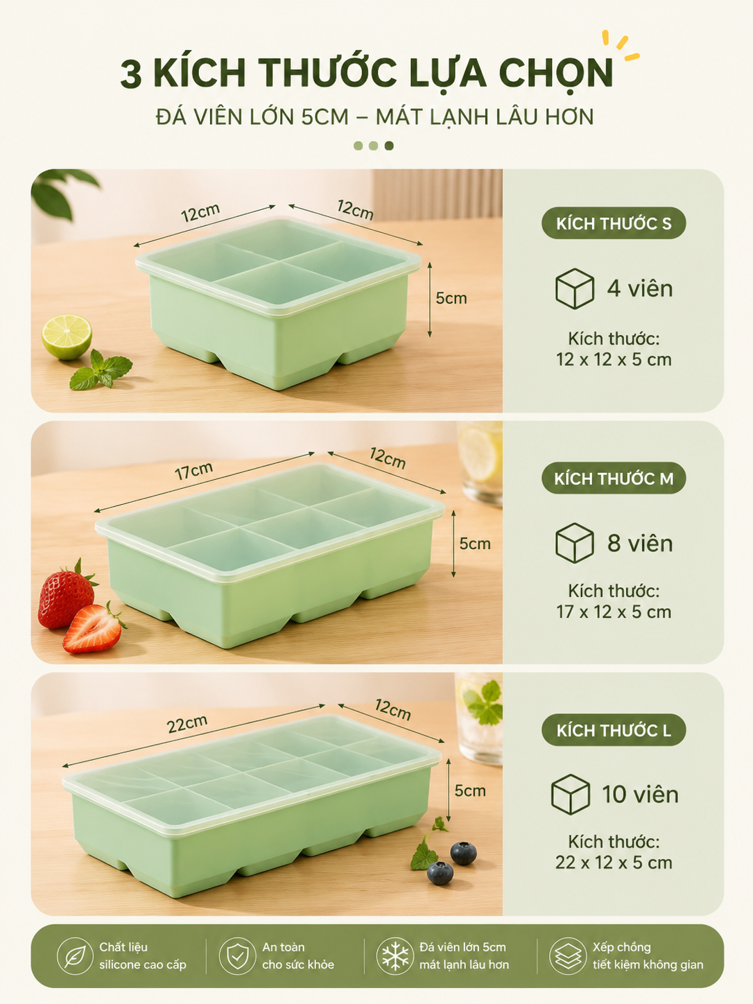 Khay Làm Đá Silicone Có Nắp Đậy - Khay Đá Viên Lớn 5cm Silicone Cao Cấp - Ảnh 5