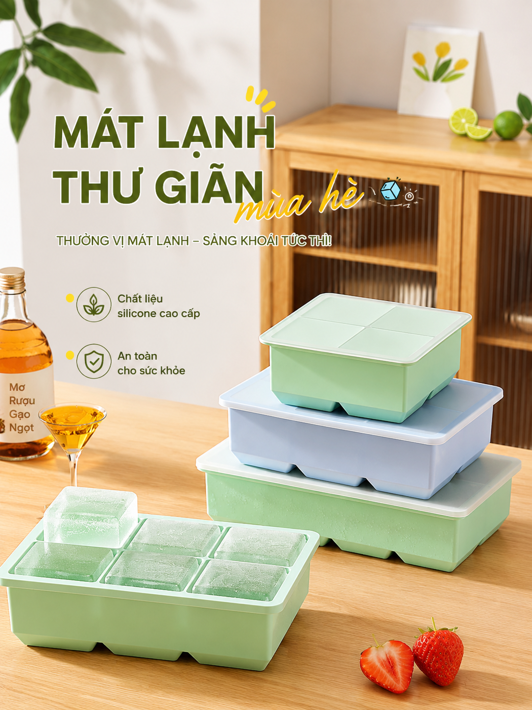 Khay Làm Đá Silicone Có Nắp Đậy - Khay Đá Viên Lớn 5cm Silicone Cao Cấp - Ảnh 6